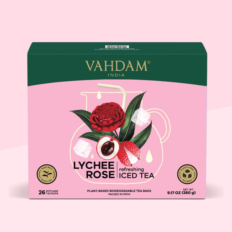 Teas VAHDAM Iced Tea | Lychee Rose Iced Tea | 26 Pitcher Tea Bags