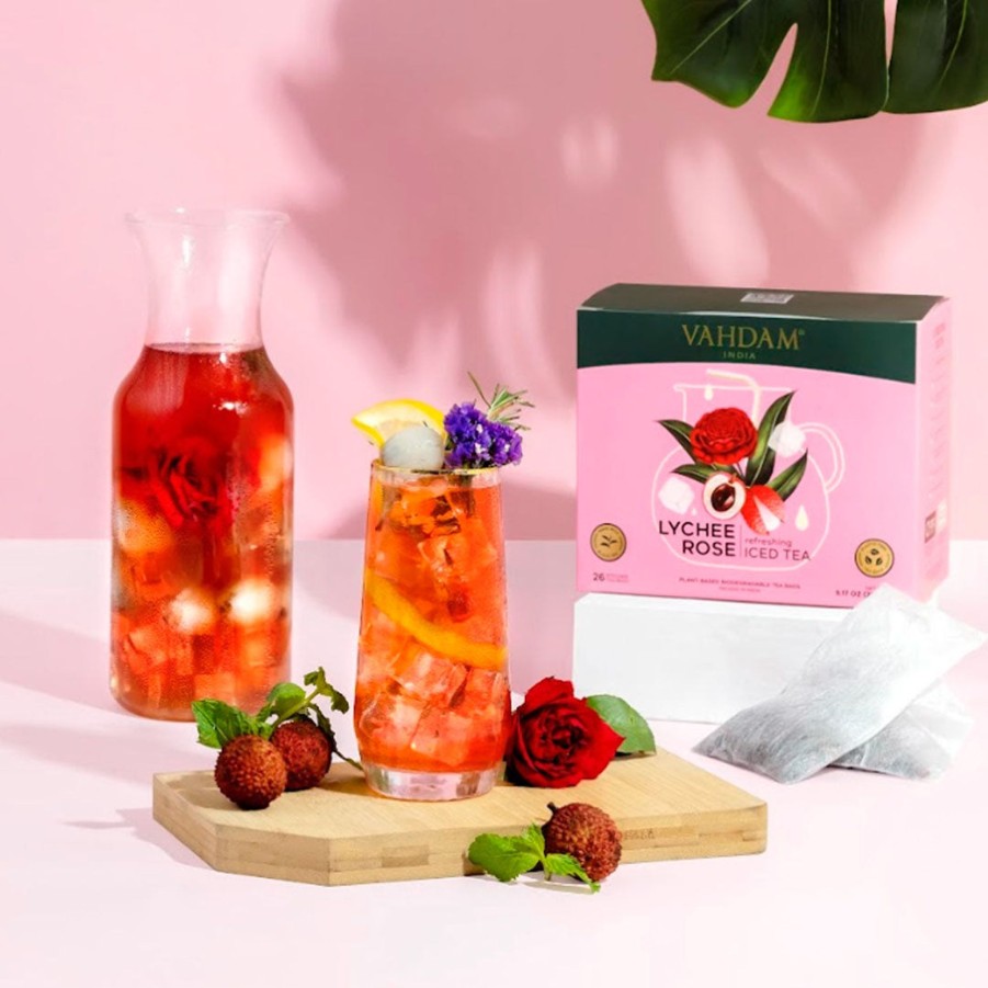 Teas VAHDAM Iced Tea | Lychee Rose Iced Tea | 26 Pitcher Tea Bags