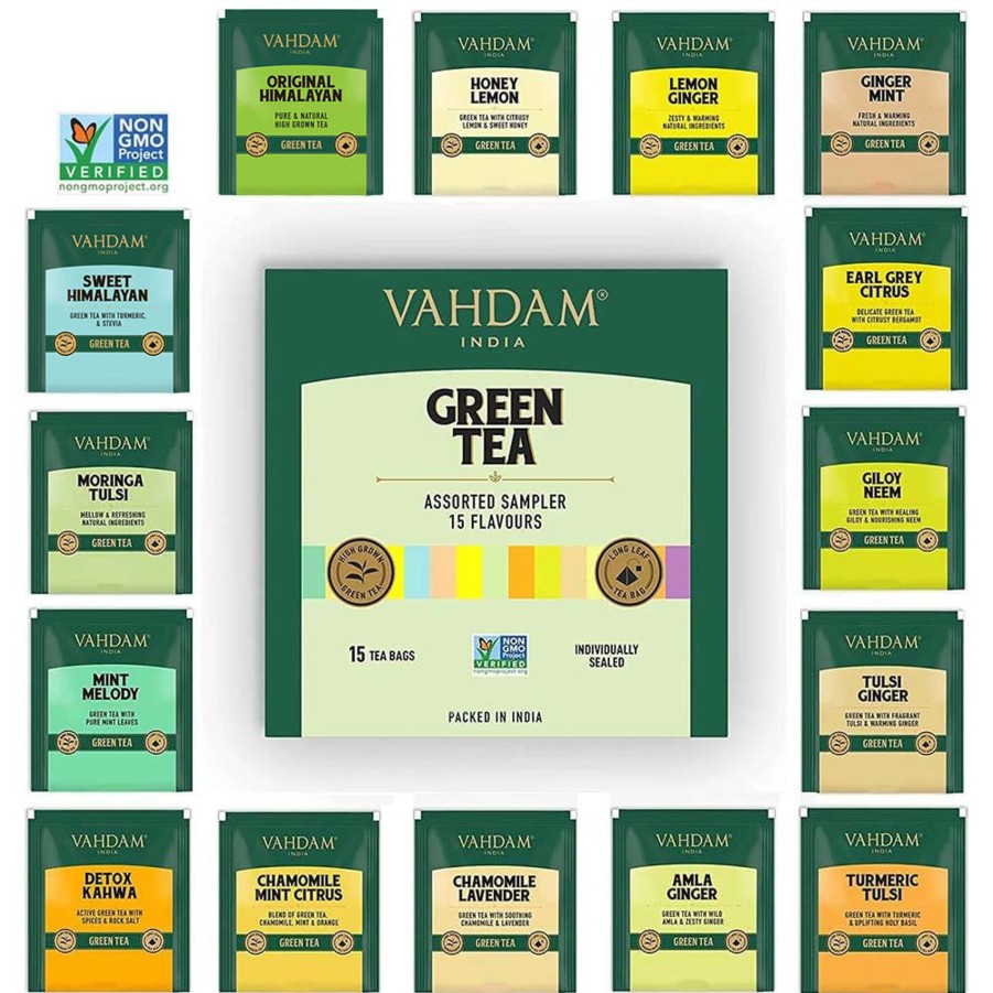 Teas VAHDAM Green Tea | Assorted Green Tea Bags Sampler | 15 Variants, 15 Count