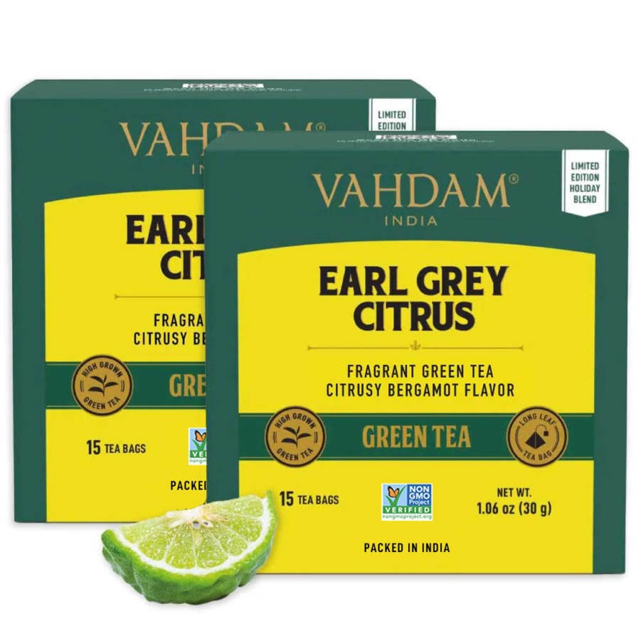 Teas VAHDAM Green Tea | Earl Grey Citrus Green Tea, 30 Count (15X2)